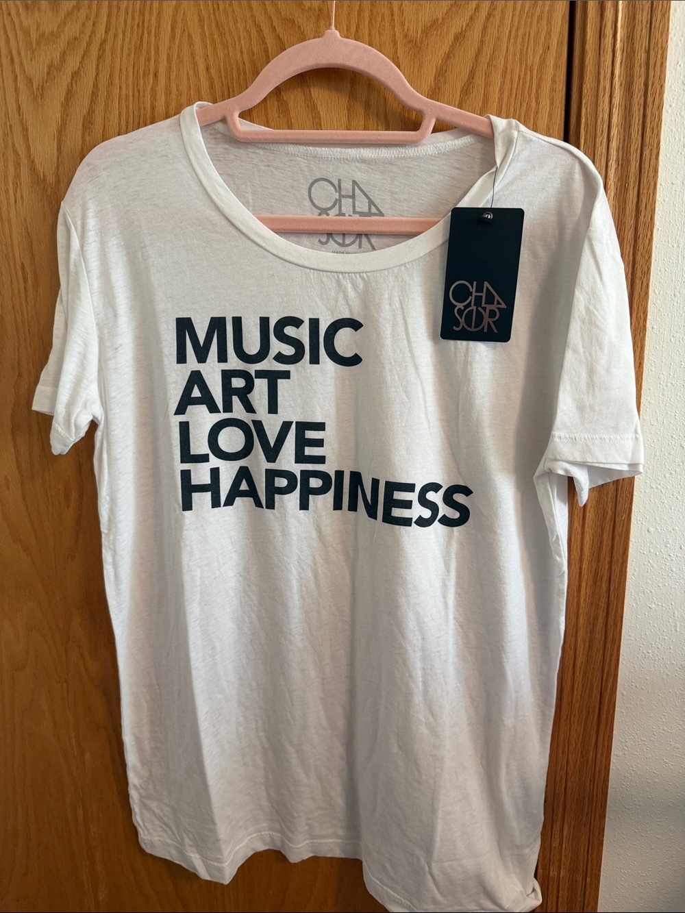 🫶🏼5 for $45!!🫶🏼Chaser White T-Shirt w/ Black lettering - MUSIC ART LOVE HAPPINES
